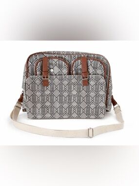 Canvas Geo-Print Crossbody Tote with Tan Trim